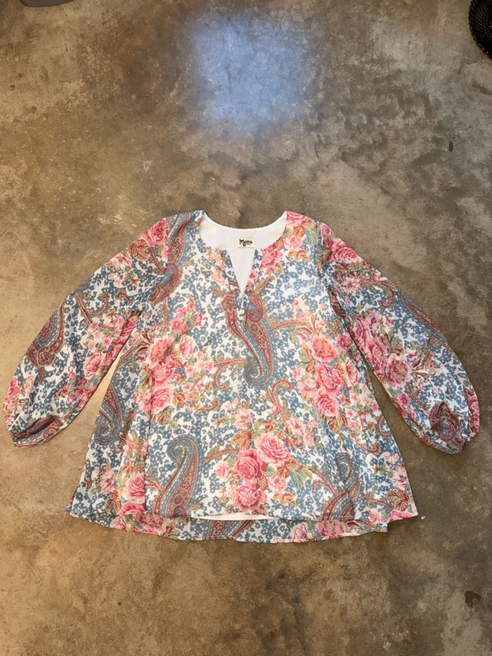 Show Me Your Mumu - Floral Paisley V-Neck Tunic Dress in Blush & Blue - Size S